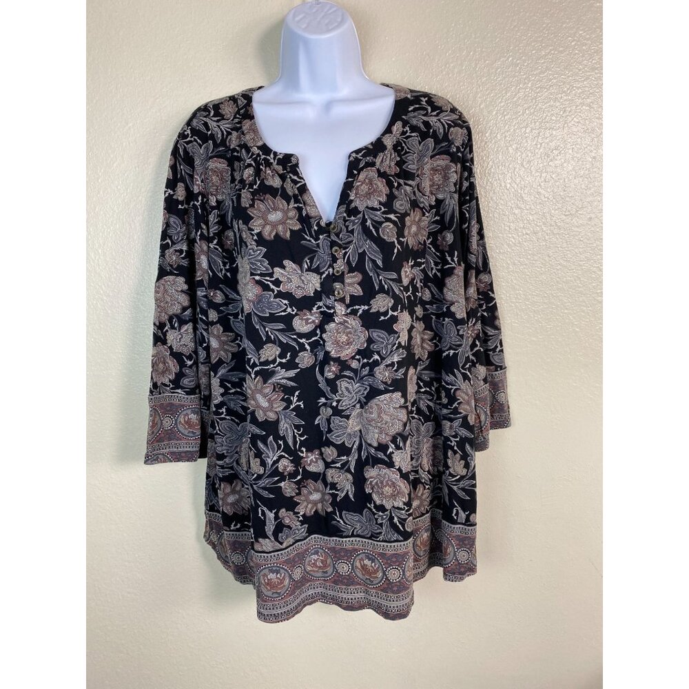 Lucky Brand Women Floral Boho Tunic Top Plus Size 3X 3/4 Sleeve Peasant Vacation